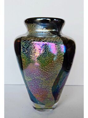 Handcrafted David Helm Iridescent Art Glass Vase Signed  Multicolor With Gold Ac
